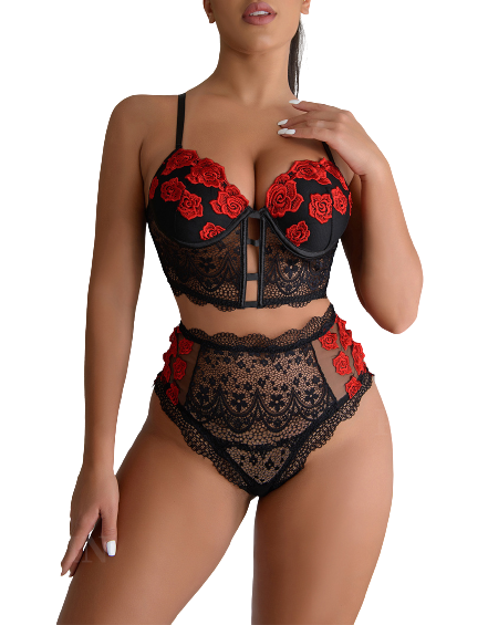 Women Sexy Lingerie Sets Red Rose Lace Floral Embroidery Push Up Bra Sex Panties Transparent Temptation Erotic Sensual Underwear