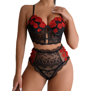 Women Sexy Lingerie Sets Red Rose Lace Floral Embroidery Push Up Bra Sex Panties Transparent Temptation Erotic Sensual Underwear