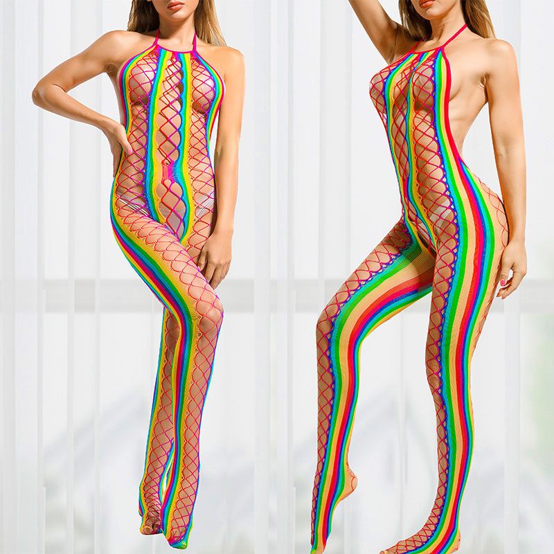 Rainbow Bikini Cover Up Hollow Out Fishnet Open Crotch Body Stocking Neon Color Swimsuit Crochet Bathing Suit Beach Wear