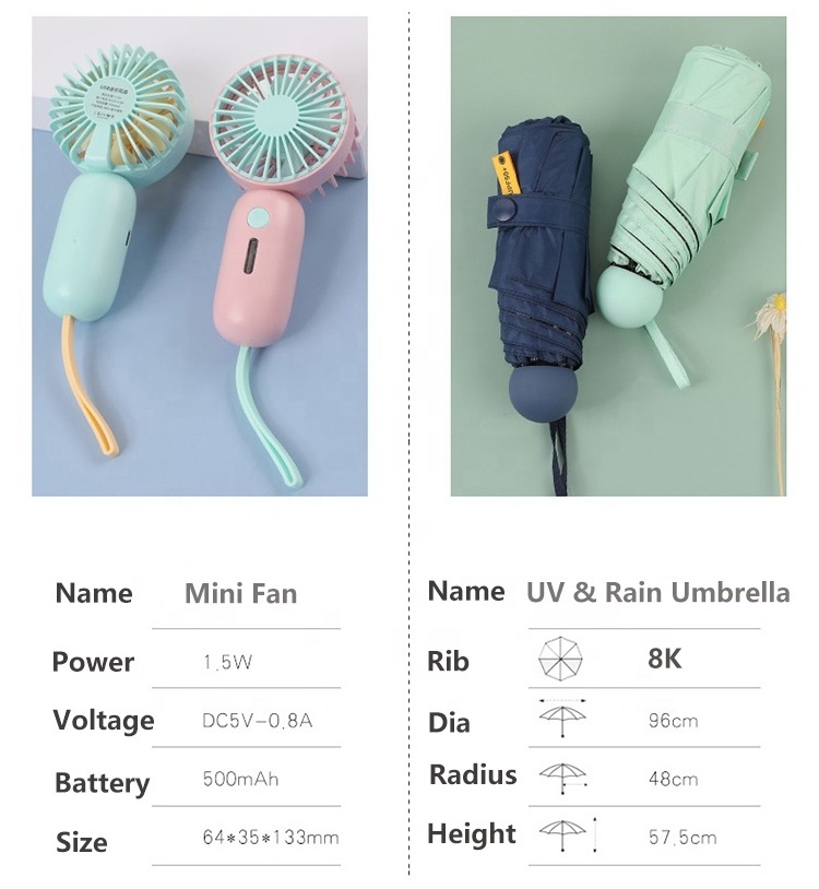 DD760  Design USB Rechargeable Mini Portable Fan with Rain UV Umbrella Advertise Business Gift Box Custom Umbrella Gift Set