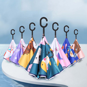 ZD069 Multifunctional Double Layer Inverted Umbrella Cartoon Car Straight Umbrella C Shaped Handle Children Reverse Umbrella