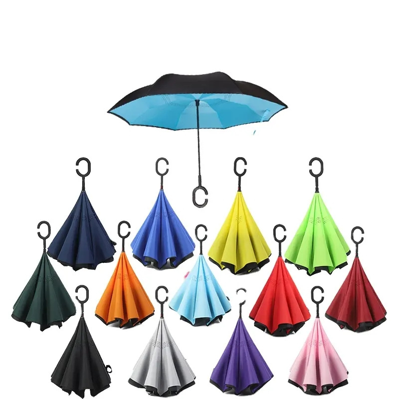 DD825  Wholesale  Custom Logo Printed Double Fabric Windproof C Shape Handle Upside Down Inverted Reverse Rain Umbrella