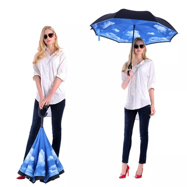 DD825  Wholesale  Custom Logo Printed Double Fabric Windproof C Shape Handle Upside Down Inverted Reverse Rain Umbrella