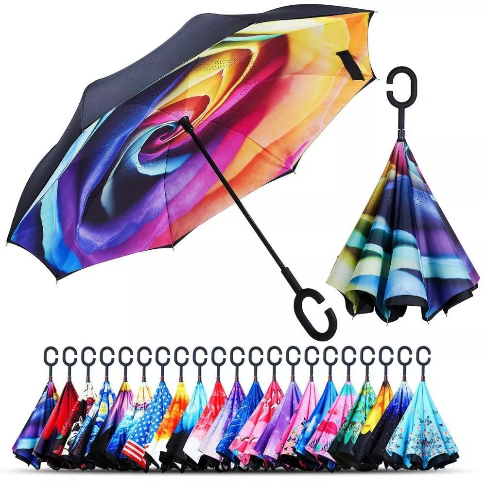 DD825  Wholesale  Custom Logo Printed Double Fabric Windproof C Shape Handle Upside Down Inverted Reverse Rain Umbrella