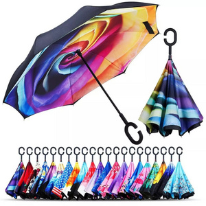 DD825  Wholesale  Custom Logo Printed Double Fabric Windproof C Shape Handle Upside Down Inverted Reverse Rain Umbrella