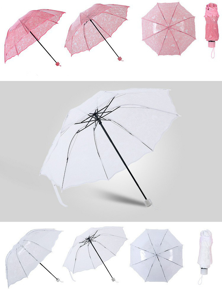 GG404 Korean Style Lace Folding Umbrellas Super Thick Environmental Clear Umbrella Love Printing Transparent Umbrella