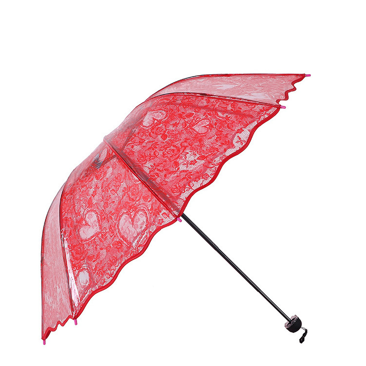 GG404 Korean Style Lace Folding Umbrellas Super Thick Environmental Clear Umbrella Love Printing Transparent Umbrella