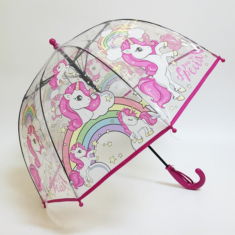 WHY428 Children Cartoon Transparent Umbrella Strawberry POE Fabric Umbrella Pupils Automatic Open Long Handle Umbrella