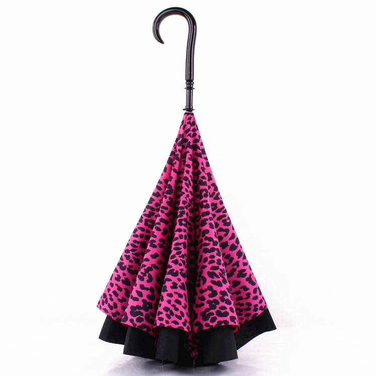 WXL502 Long Handle Double Layer Inverted Umbrellas Windproof C Handle J Handle Leopard Print Reverse Umbrella