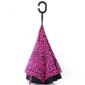 WXL502 Long Handle Double Layer Inverted Umbrellas Windproof C Handle J Handle Leopard Print Reverse Umbrella