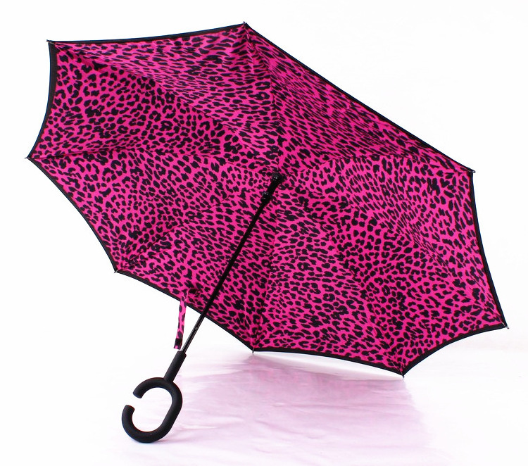 WXL502 Long Handle Double Layer Inverted Umbrellas Windproof C Handle J Handle Leopard Print Reverse Umbrella