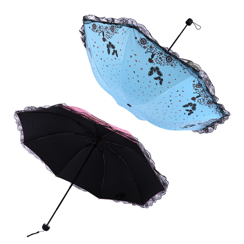 DD1243   3-Folding Butterfly Vinyl Umbrellas Anti UV Rainy Parasol Sunscreen Sun Parasol Sun Lace Umbrella