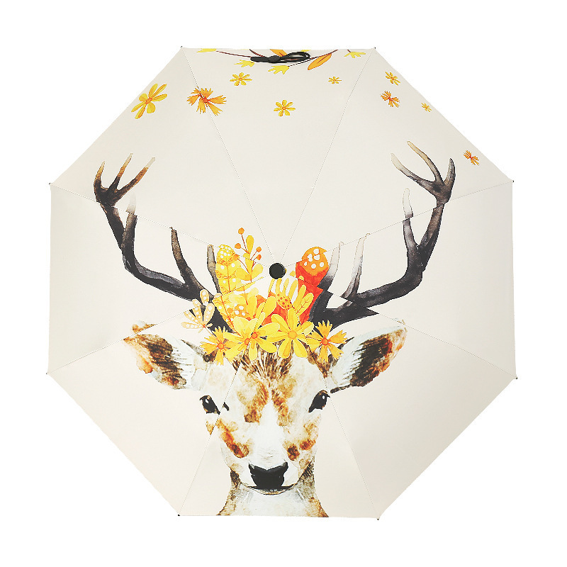 DD1299  Light Windproof Anti UV Parasol Print Deer Vinyl Umbrellas Compact Rain Sun Portable Pocket Cartoon Elk Stick Umbrella