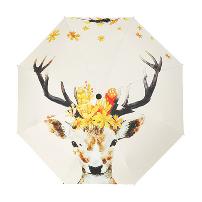 DD1299  Light Windproof Anti UV Parasol Print Deer Vinyl Umbrellas Compact Rain Sun Portable Pocket Cartoon Elk Stick Umbrella