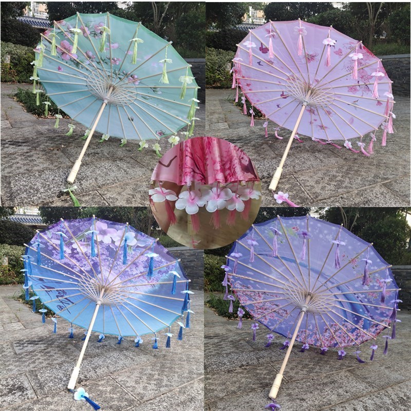 DD1509  Chinese Style Silk Decorative Paraguas Photographic Performance Dance Parasol Handmade Oiled Paper Umbrella with Tassels