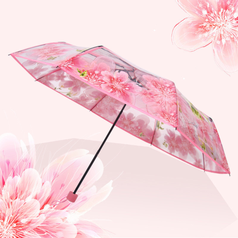 DD1765  Fashionable Japan Folding Stick Parasol Sakura Flower Clear Decoration Portable Cherry Blossom Transparent Rain Umbrella