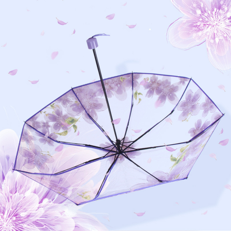 DD1765  Fashionable Japan Folding Stick Parasol Sakura Flower Clear Decoration Portable Cherry Blossom Transparent Rain Umbrella