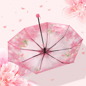 DD1765  Fashionable Japan Folding Stick Parasol Sakura Flower Clear Decoration Portable Cherry Blossom Transparent Rain Umbrella