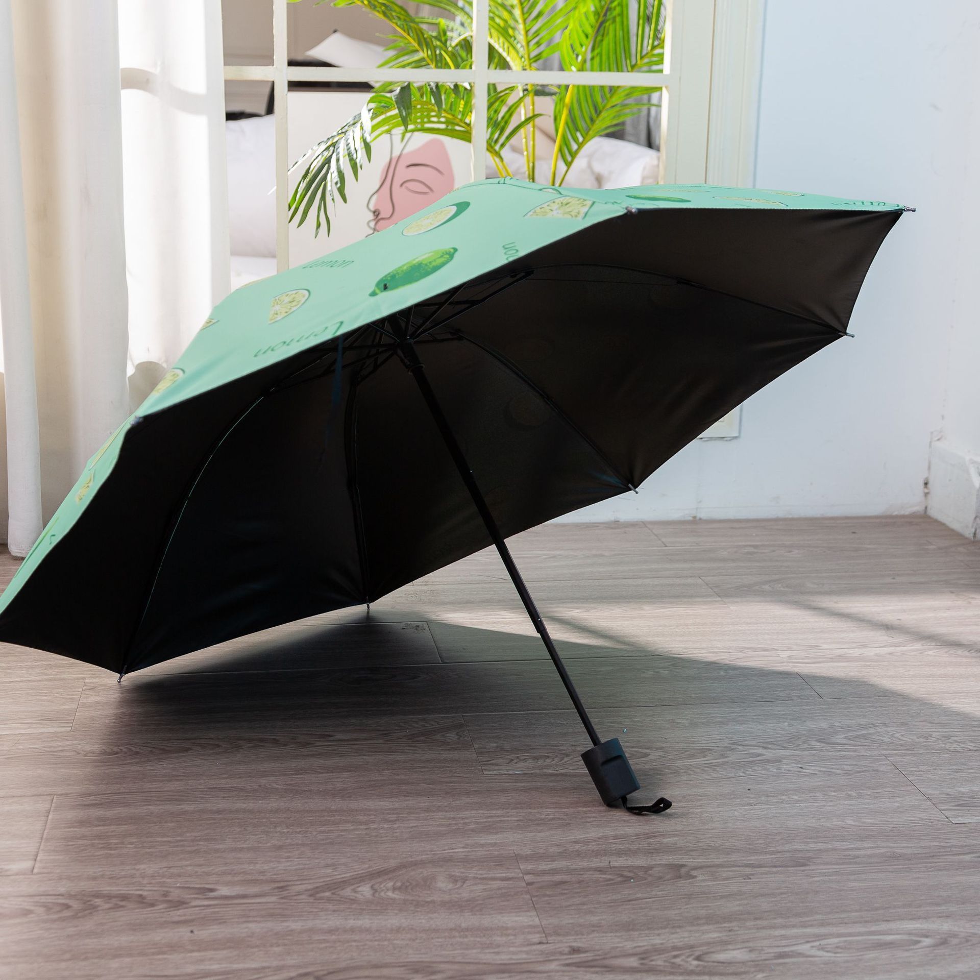 DD2703  Full Automatic 3 Folding Rainy Sun Umbrellas Black Vinyl Umbrella Fruits Little Daisy UV Umbrella