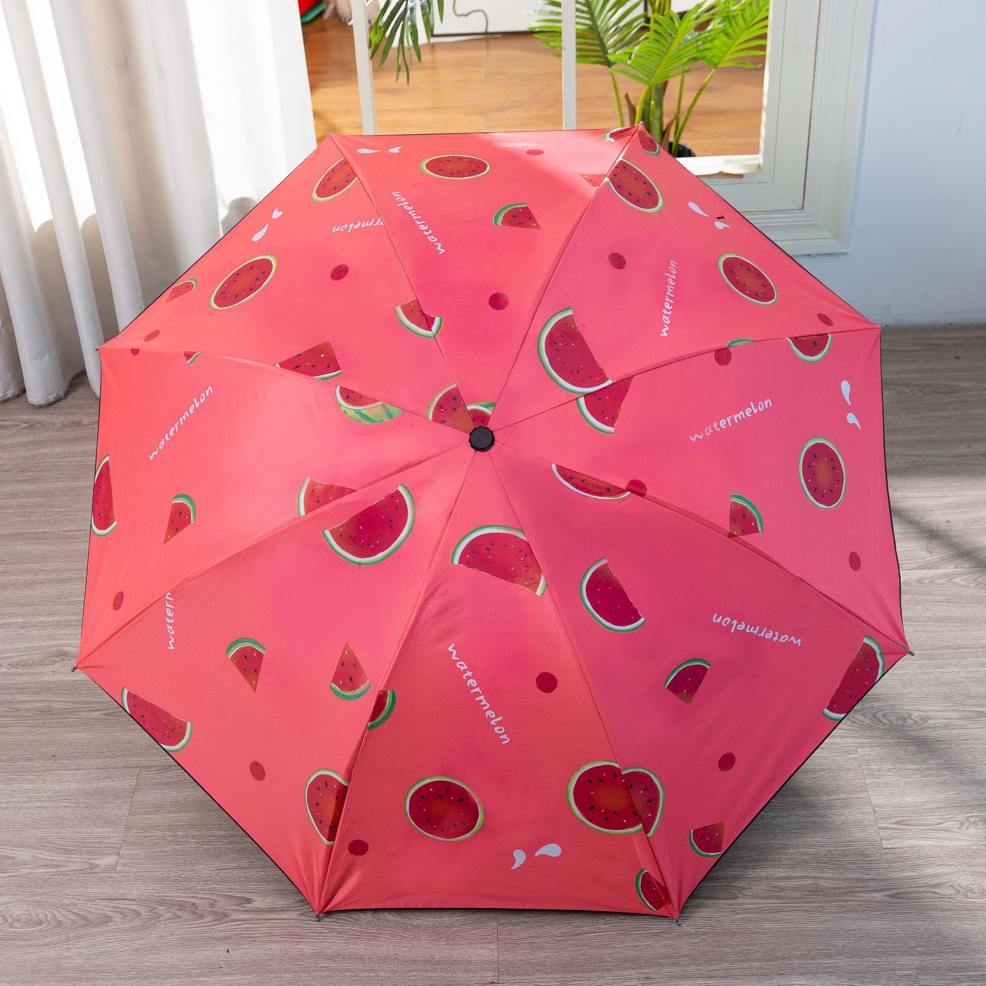 DD2703  Full Automatic 3 Folding Rainy Sun Umbrellas Black Vinyl Umbrella Fruits Little Daisy UV Umbrella