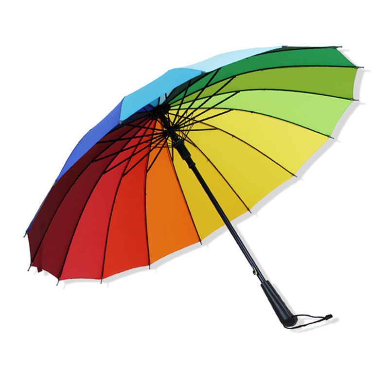 DD823 Custom Logo 16 Ribs Market Iridescent Umbrellas Automatic Straight Handle Rain Parasol Colorful Rainbow Golf Umbrella