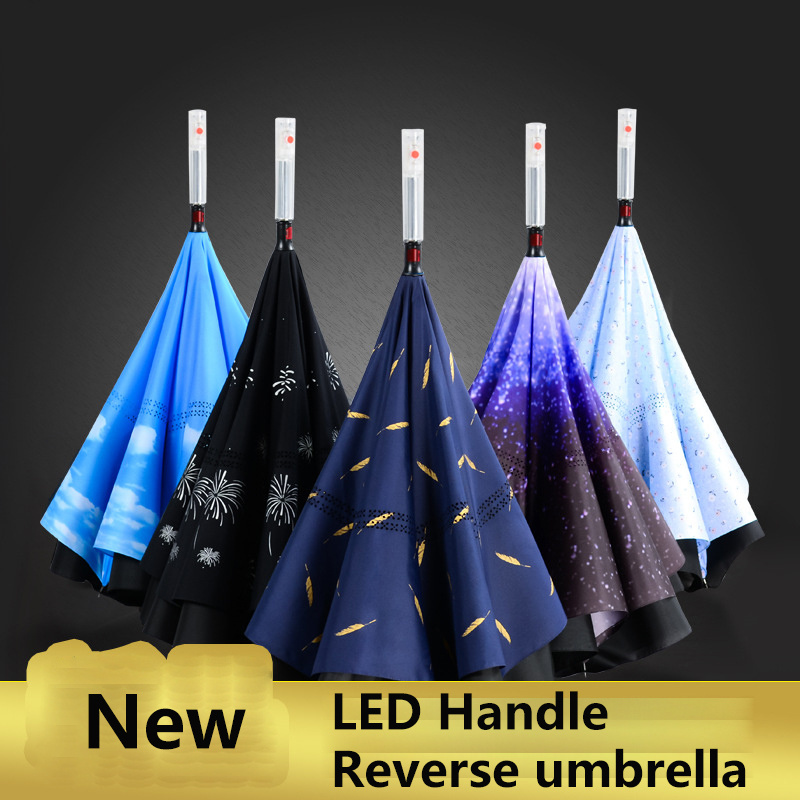 DD835  Advertise Flashlight Reflect Invert Reversed Led Handle Umbrella Windproof Golf Car Reverse Umbrella Light