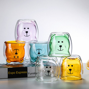 P1229  Hot Sell Cartoon Tea Home Cups Use Juice Water Mug Coffee Milk Pet Cup Clear Double Wall Glass Mugs