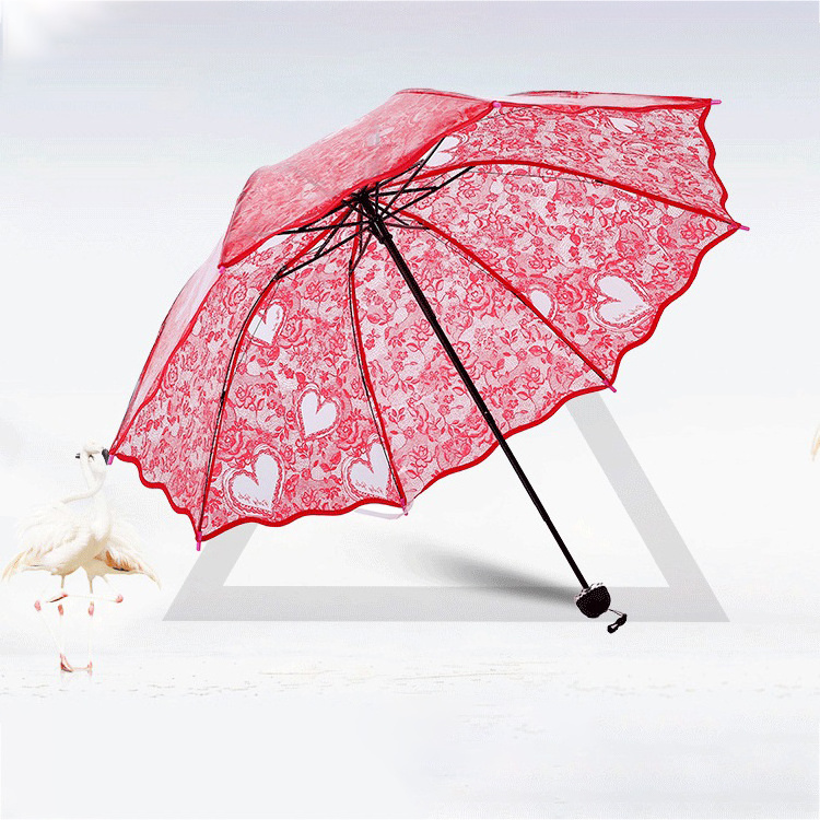 DD1268  Thick Environmental Wedding Love Fold POE Transparent Umbrellas Clear Umbrella Heart Lace Umbrella