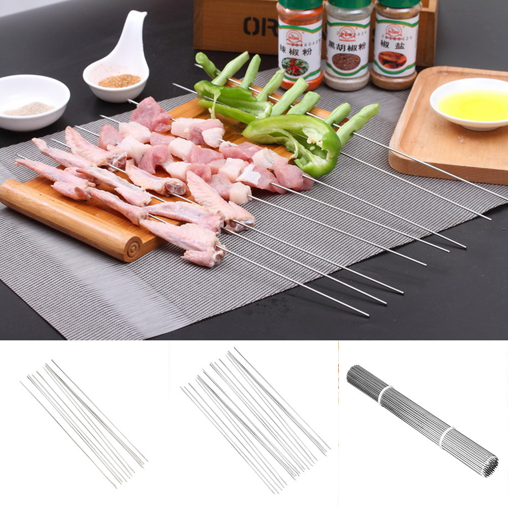 Z242 Cooking Kitchen Meat Holder BBQ Roast Kabob Sticks Grill Needle Tools Stainless Steel Flat Barbecue Forks Picnic Skewers