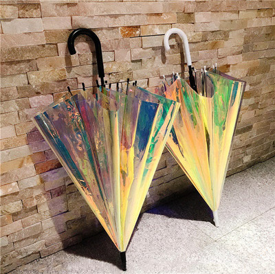 P263 Dazzling Plastic PVC Holographic Umbrella Rainbow Fashion Rain Sunshade Laser Long Handle Transparent Umbrellas