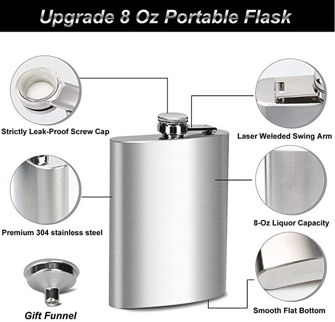 H466 Custom  2 4 6 8oz Alcohol Hip Flask Male Whisky Wine Pot Bottle Portable Pocket Box Set Outdoor Stainless Steel Hip Flasks