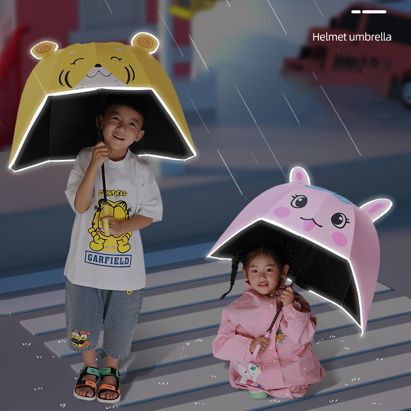 DD1232  Kids Cartoon Students Umbrella With Safe Reflective Strip Baby Girl Boy Children's Sunshade Helmet Umbrellas