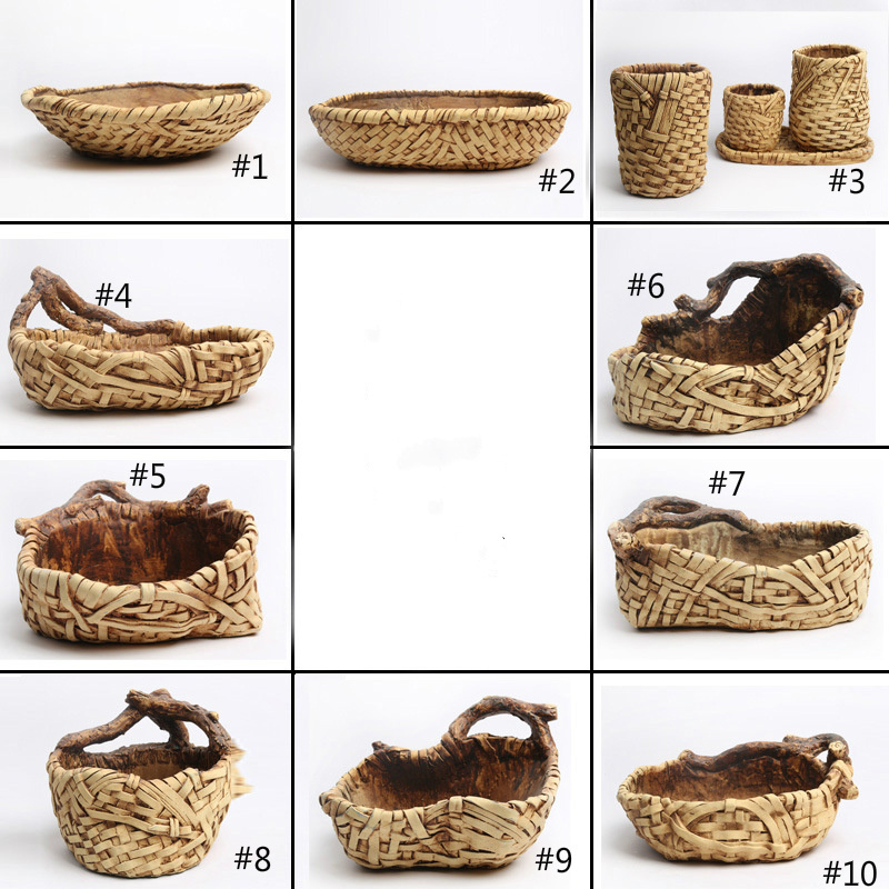 Z770  Garden Decor Cement Flower Vase Succulent Plants Pot  with bamboo  rattan pattern