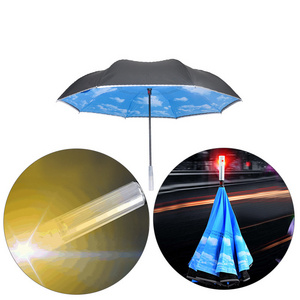 DD835  Advertise Flashlight Reflect Invert Reversed Led Handle Umbrella Windproof Golf Car Reverse Umbrella Light