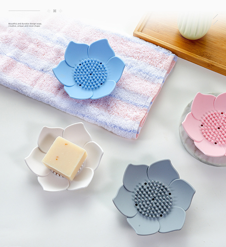 Z914   3D Double Layer Flower Soap Dish Mini Non Slip Bathroom Drain Soaps Tray Silicone Leaf Flower Shaped Soap Holder