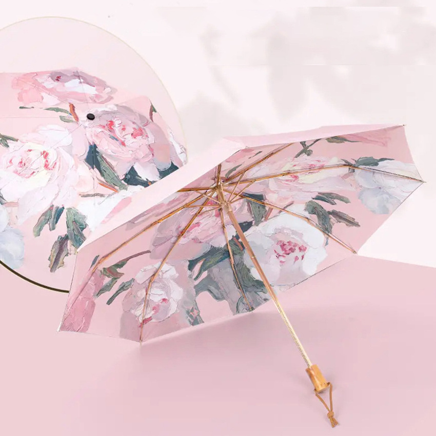 DD1229  Outside Inside Full Printed Flower Umbrellas Gift Black Coated UV Sun Rain Parasol Double Layer Printing Umbrella