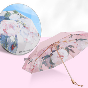 DD1213  High-end Painting Umbrellas Women Gift UV Sun Rain Parasol 3 Folding Double Sided Printing Flower Umbrella