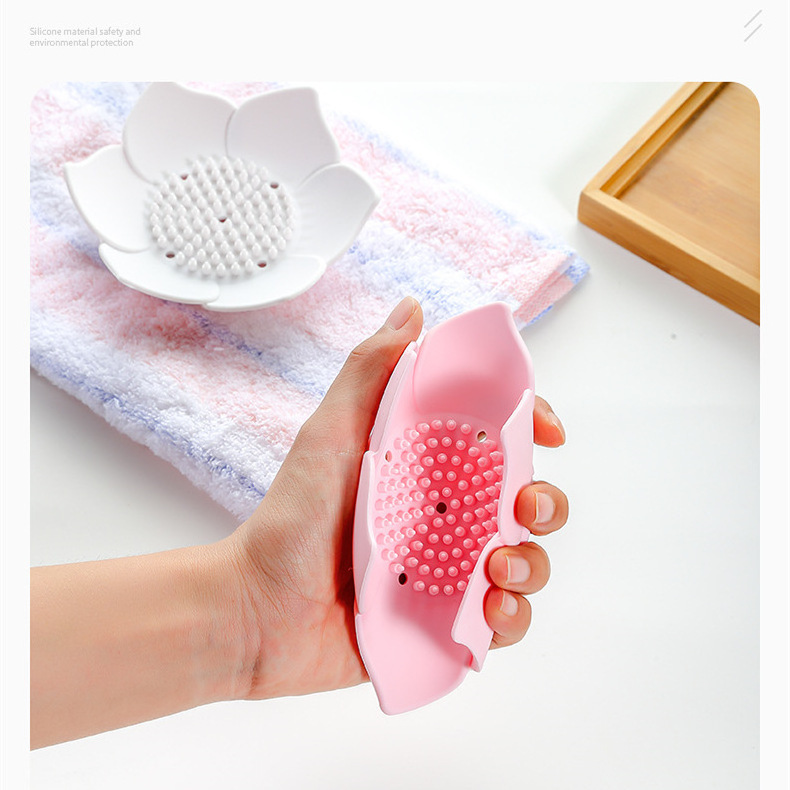 Z914   3D Double Layer Flower Soap Dish Mini Non Slip Bathroom Drain Soaps Tray Silicone Leaf Flower Shaped Soap Holder