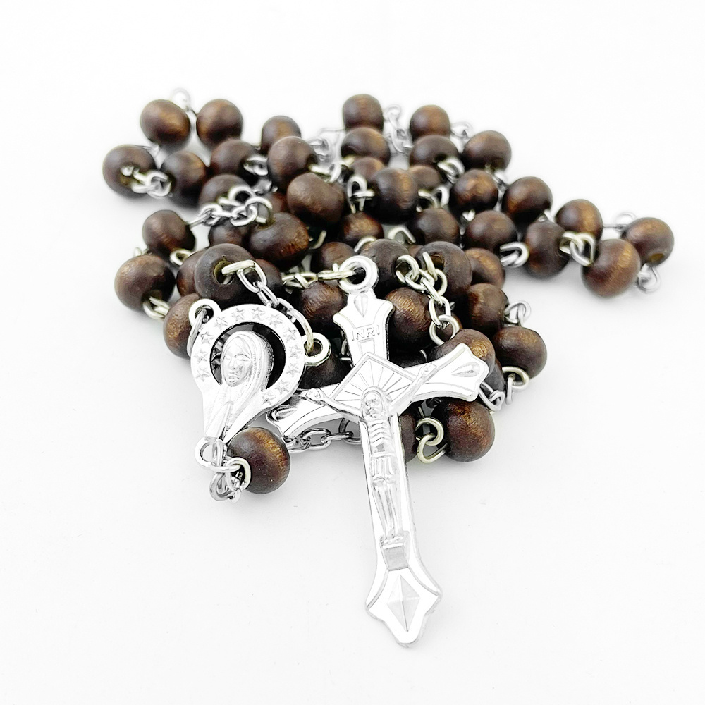 HT Religious Jewelry Rosary Catholic Prayer Beads Jesus Cross Pendant Wooden Beads Chain Silver Plated Rosary Necklaces