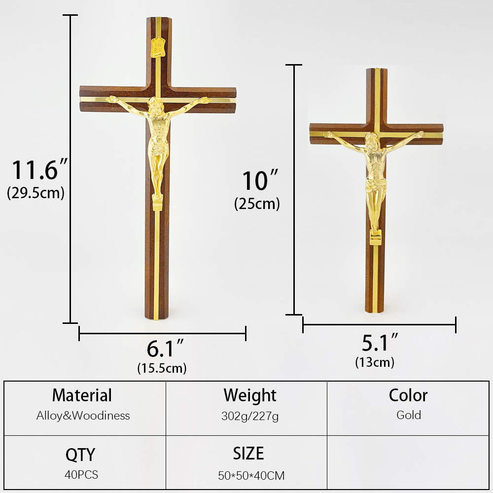 HT New Fashion Design Solid Wood Cross with Customized Gold Plated Alloy Crucifix Wall Hanging Church Home Ornament Jesus Cross