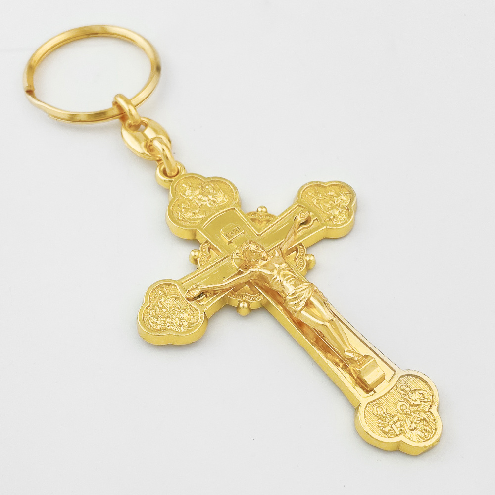 HT Ready Ship Christian Religious Cross Alloy Metal Gold Plated Catholic Jesus Cross Shaped Pendant Keychain