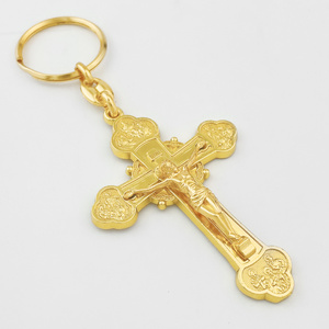 HT Ready Ship Christian Religious Cross Alloy Metal Gold Plated Catholic Jesus Cross Shaped Pendant Keychain