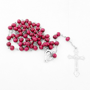 HT Religious Jewelry Rosary Catholic Prayer Beads Jesus Cross Pendant Wooden Beads Chain Silver Plated Rosary Necklaces