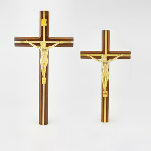 HT New Fashion Design Solid Wood Cross with Customized Gold Plated Alloy Crucifix Wall Hanging Church Home Ornament Jesus Cross