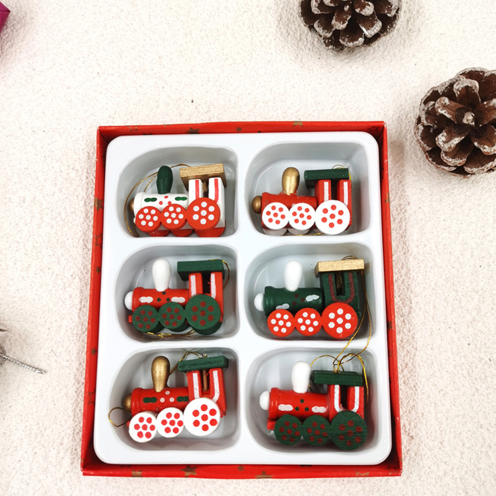 Factory Direct Supply Christmas Decorations Gift Box 6pcs/box Wooden Mini Train Christmas Hanging Ornaments