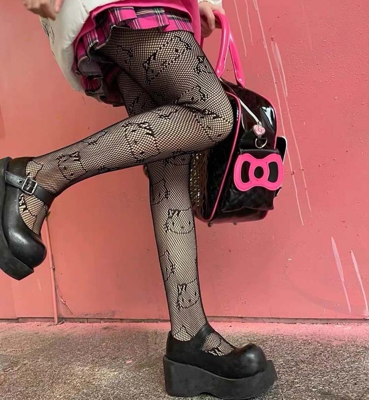 HY-1515 Kuromi KT Bows Fishnet Stockings High Waist Tights Hollow Out mesh Skulls pantyhose tights for Girl