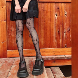 HY-1515 Kuromi KT Bows Fishnet Stockings High Waist Tights Hollow Out mesh Skulls pantyhose tights for Girl