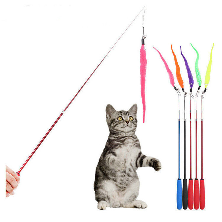 Wholesale hot sales retractable three-section stick cat teaser stick Plus 5 substitution heads feather tease cat toys