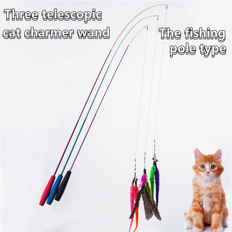 Wholesale hot sales retractable three-section stick cat teaser stick Plus 5 substitution heads feather tease cat toys