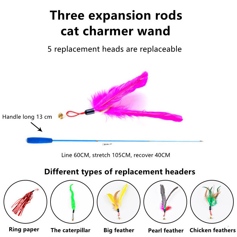 Wholesale hot sales retractable three-section stick cat teaser stick Plus 5 substitution heads feather tease cat toys